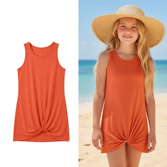Kids Bathing Suit Cover Up Summer Sleeveless Twist Front Girl Beach Dress Swim Suits for Girls 5-6 Years
