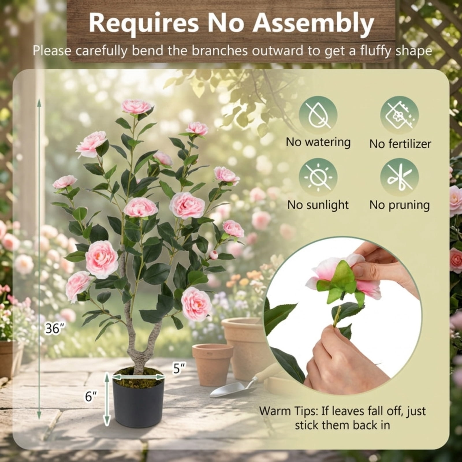 Vebreda Artificial Plant Decor, 36 Inch Artificial Camellia Tree with Blooming Flower 1 Pack, Vivid and Natural Appearance, Reliable Materials