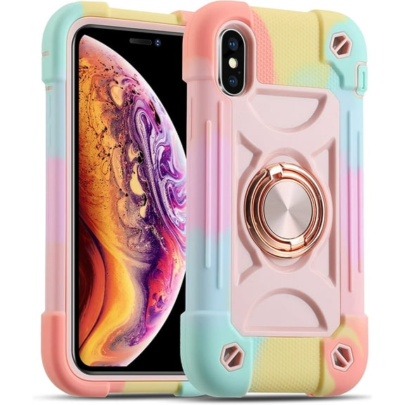 Compatible with iPhone Xs Max Case 6.5 Inch with Ring Stand, Heavy-Duty Military Grade Shockproof Phone Cover with Magnetic Car Mount for iPhone Xs Max. (Rainbow Pink)