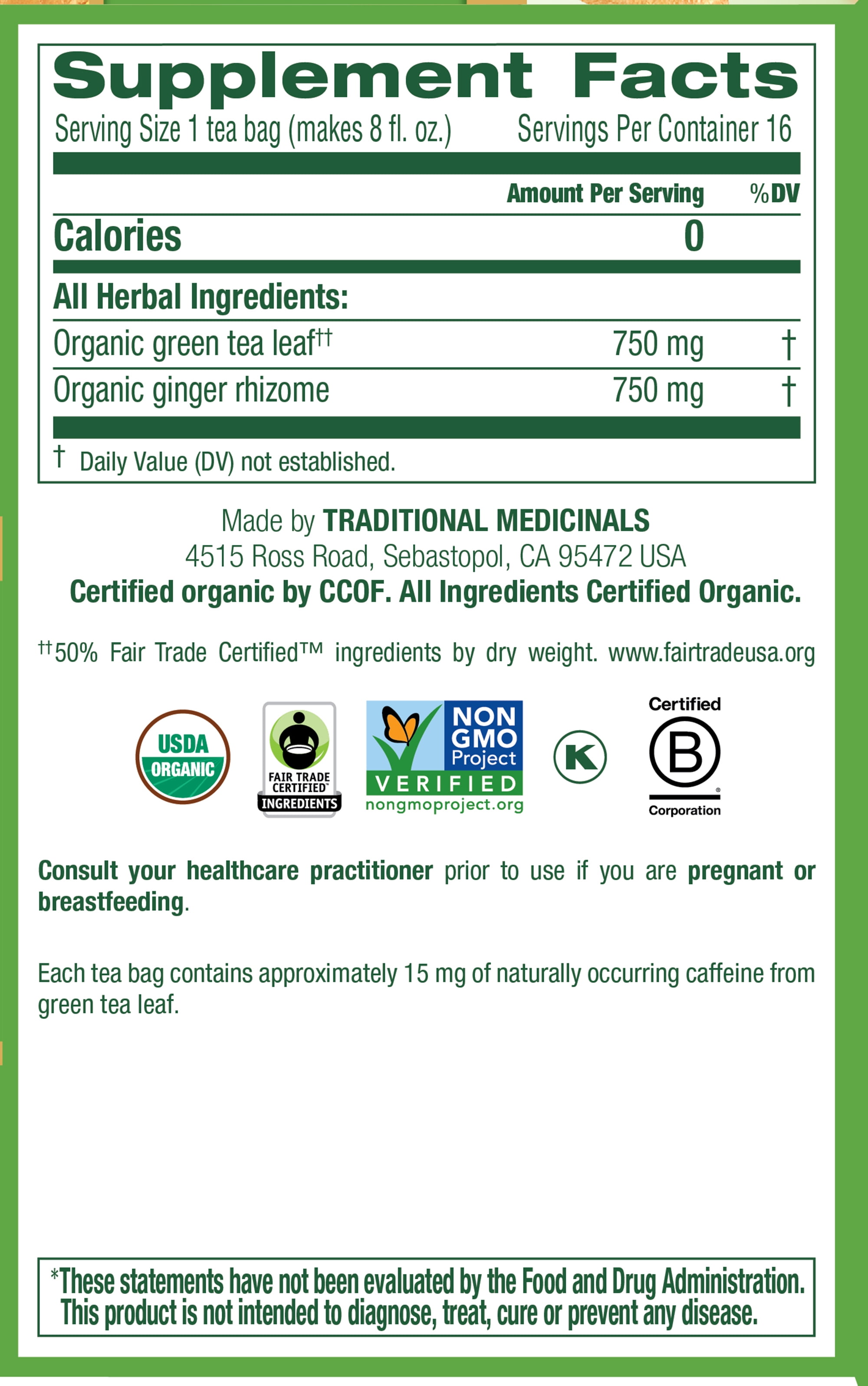 (6 Pack)Traditional Medicinals Organic Green Tea Ginger Tea Bags, 16 ct.