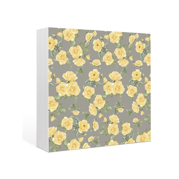 Wood Box Sign Yellow Rose Square Boxes Sgin Desk Decor Decorative Wood Block Plaque Flower Grey Wooden Signs for Home Tabletop Shelf Wall Office Room Table Decorations Gifts 6"x6"