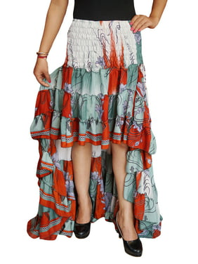 Mogul Womens Hi Low Skirt Printed Recycled Silk Sari Flare Tiered Ruffle Flirty Swing Asymmetrical Summer Style Peasant Skirts
