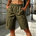 thumbnail image 2 of Women's Cool Silk Cotton Cargo Shorts with Pockets, High Waisted Elastic Waist Knee Length Bermuda Shorts, Casual Outdoor Hiking Jogging Work Shorts | UKHCCC,Army Green L, 2 of 7