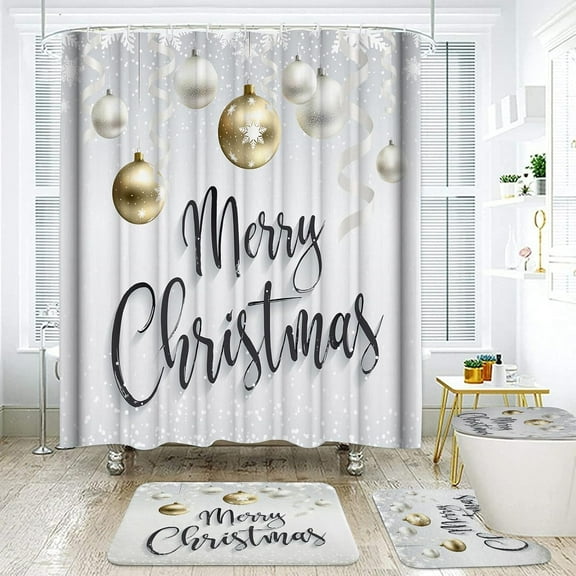 4-Piece Christmas Shower Curtain Set Golden Silver Xmas Ball Snowflake Winter Holiday Waterproof Durable Fabric Bathroom Bathtub Home Decor Sets with 12 Hooks