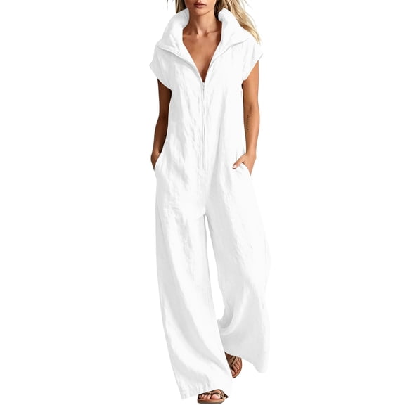 QIYAGBSA Jumpsuits for Women Cotton Linen Short Sleeve Zip Front Wide Leg with Pockets Soft Casual (White, L)