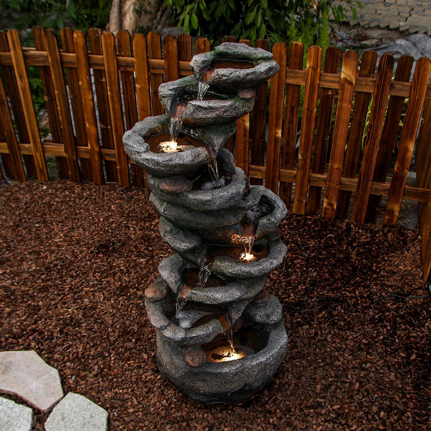 10-Tier Cascading Rock Water Fountain Outdoor Garden Waterfall Fountains Patio Backyard Deck Porch Pond Art Decor for Outside 39.76" H Outdoor Feature with LED Lights