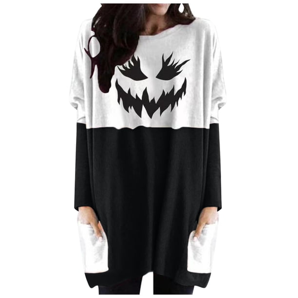 Sudadera con capucha larga de Halloween Casua a juego de colores sueltos con estampado de cuello redondo para mujer Fridja ghj987+1653