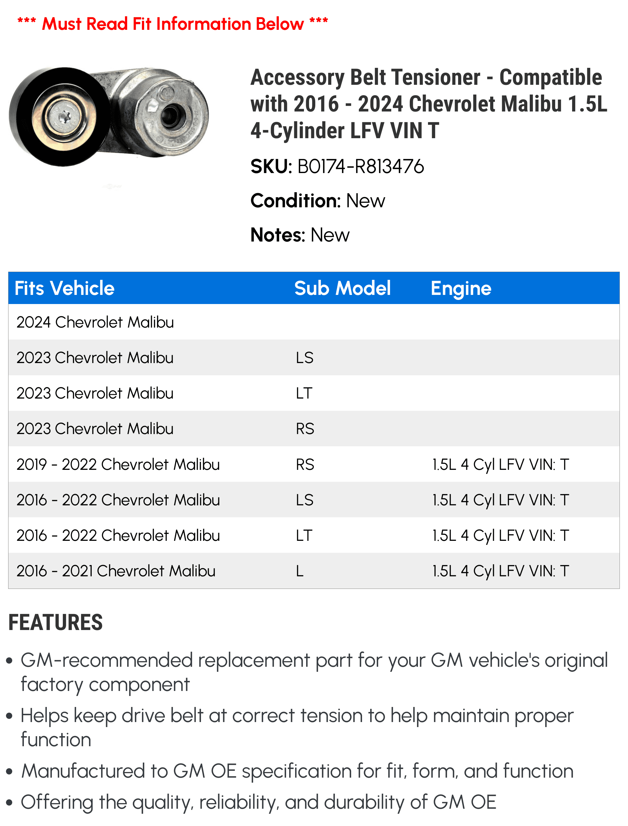 Accessory Belt Tensioner - Compatible with 2016 - 2024 Chevrolet Malibu 1.5L 4-Cylinder LFV VIN T - AC Delco