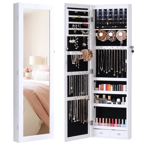 edx Full-Length Mirror Jewelry Cabinet with 6 LED Lights, Wall Door Mounted Large Jewelry Armoire Organizer with Makeup Storage