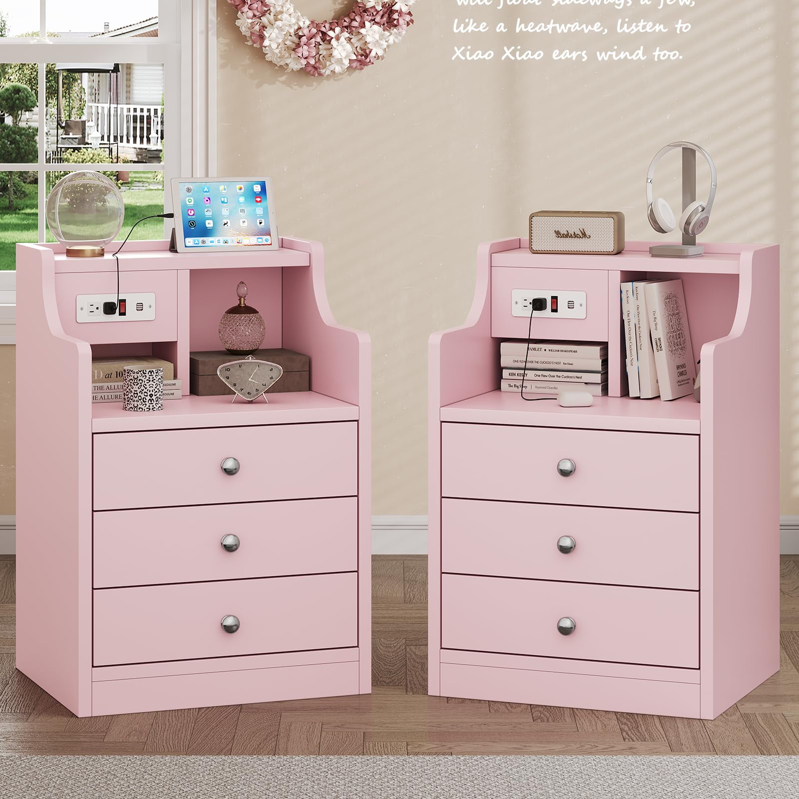 AMUZER Nightstand with Charging Station, Night Stand with 3 Drawers and Open Storage, Bedside Table with 2 USB Ports & 2 Outlets, Modern End Table Bedroom, Pink