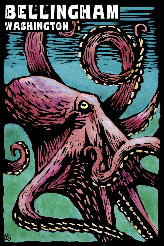 Bellingham, Washington, Octopus, Scratchboard (9x12 Wall Art Print
