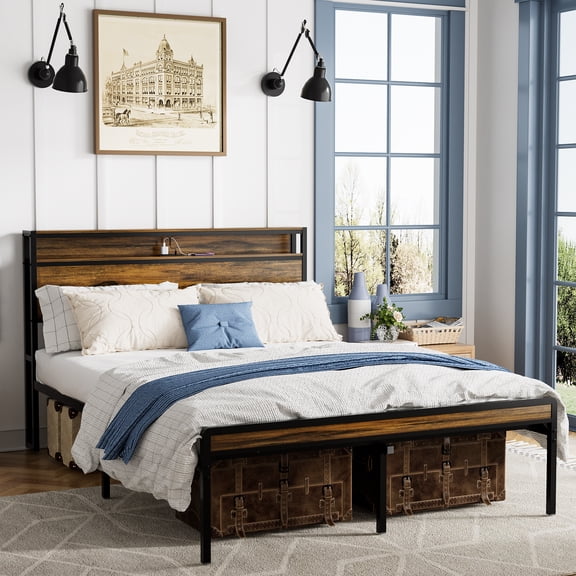 Queen Size Bed Frame, Storage Headboard With Led Light, Charging Station, Solid And Stable, Noise Free, No Box Spring Needed, Easy Assembly, Vintage Brown