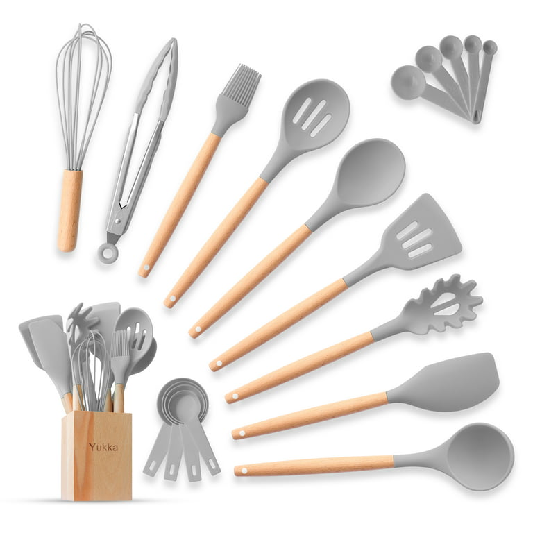  23 PCS Kitchen Utensils Set, Kikcoin Wood Handle Silicone  Cooking Utensils Set with Holder, Spatulas Silicone Heat Resistant Cooking  Gadgets for Nonstick Cookware, Grey : Home & Kitchen