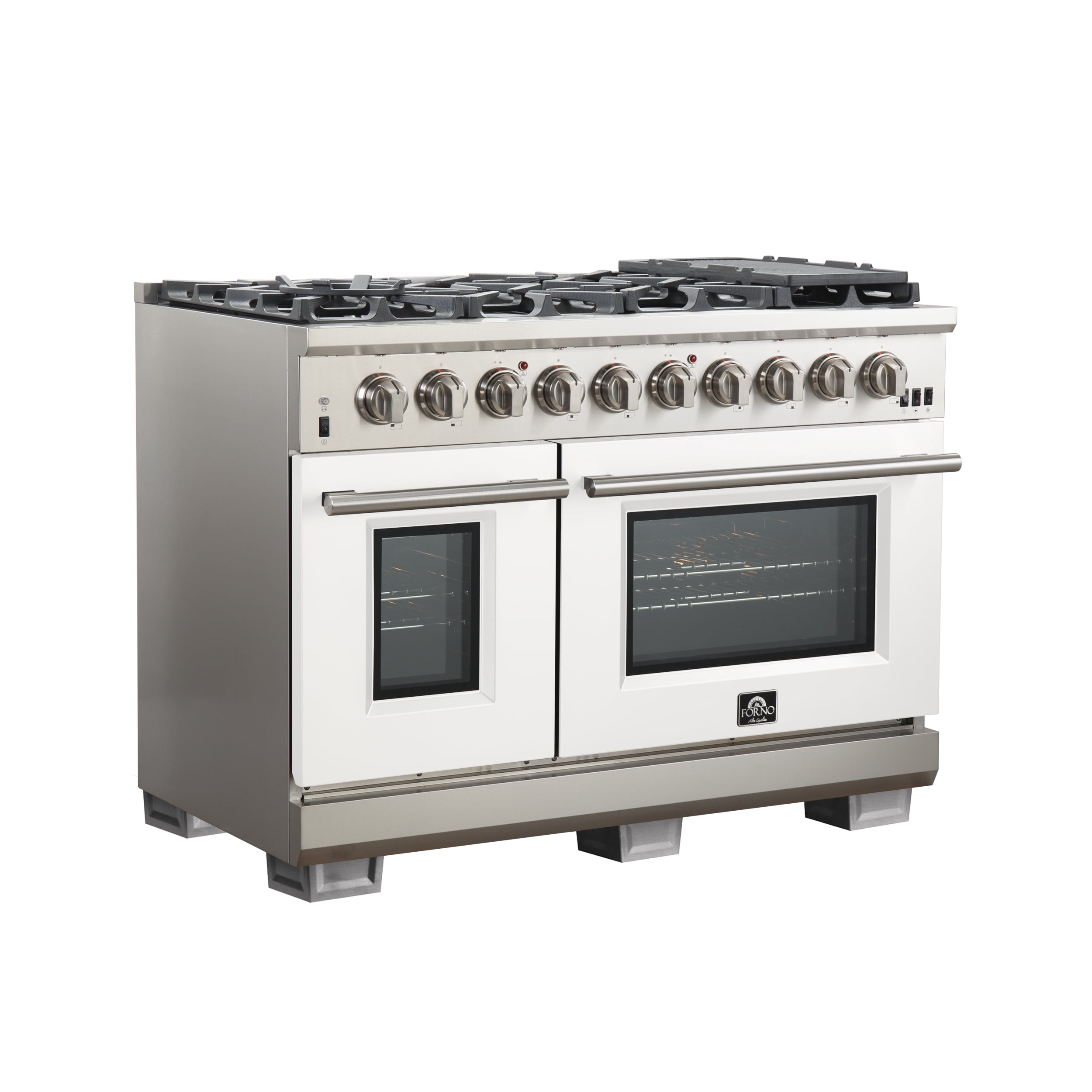 FORNO Capriasca 48-inch Gas Range Stainless Steel, 8 Brass Burners 160,000 BTU, 6.58 cu.ft. Double Oven, White Doors