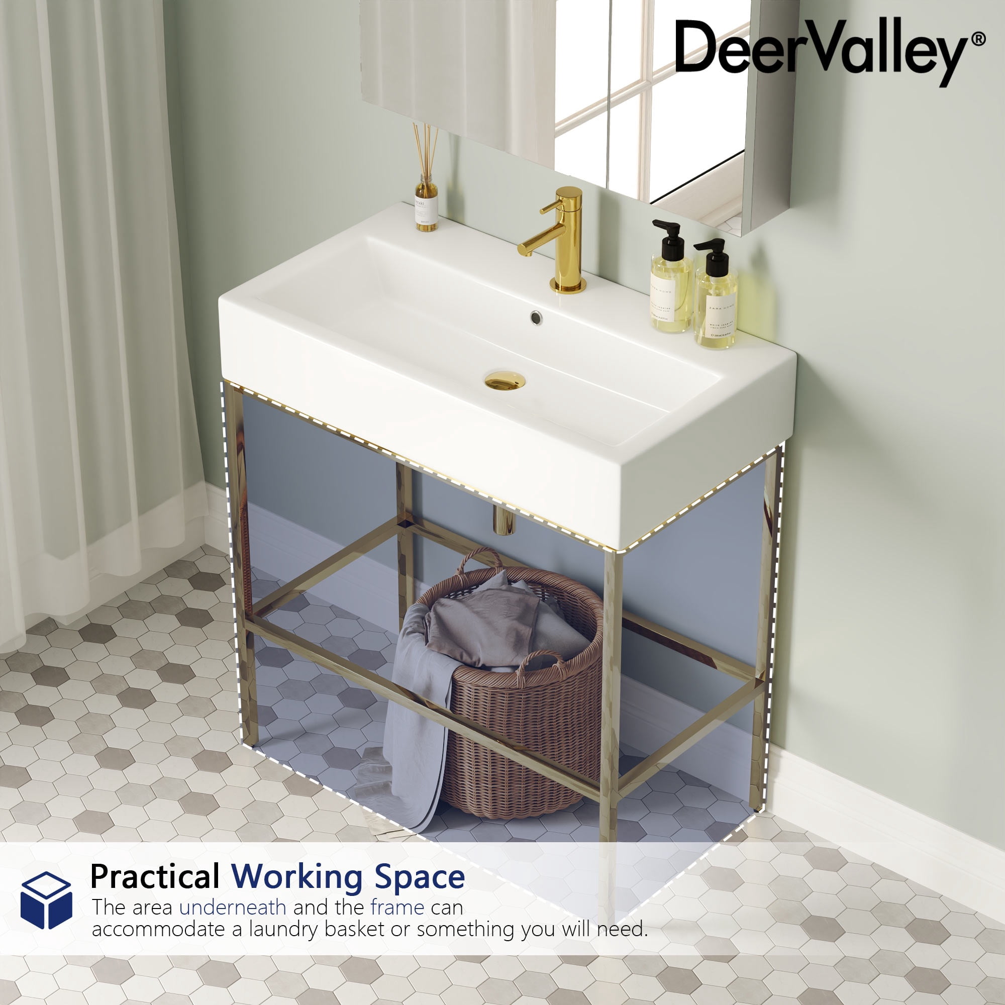 32 in. L x 17 in. W White Ceramic Console Sink Basin and Stainless Steel Golden Legs Combo with Overflow Hole