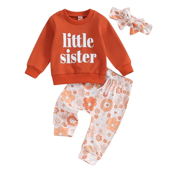 Okbabeha Toddler Baby Girl Fall Clothes LIL/BIG SIS Long Sleeve Sweatshirt Flower Pants Sister Matching Outfits Headband
