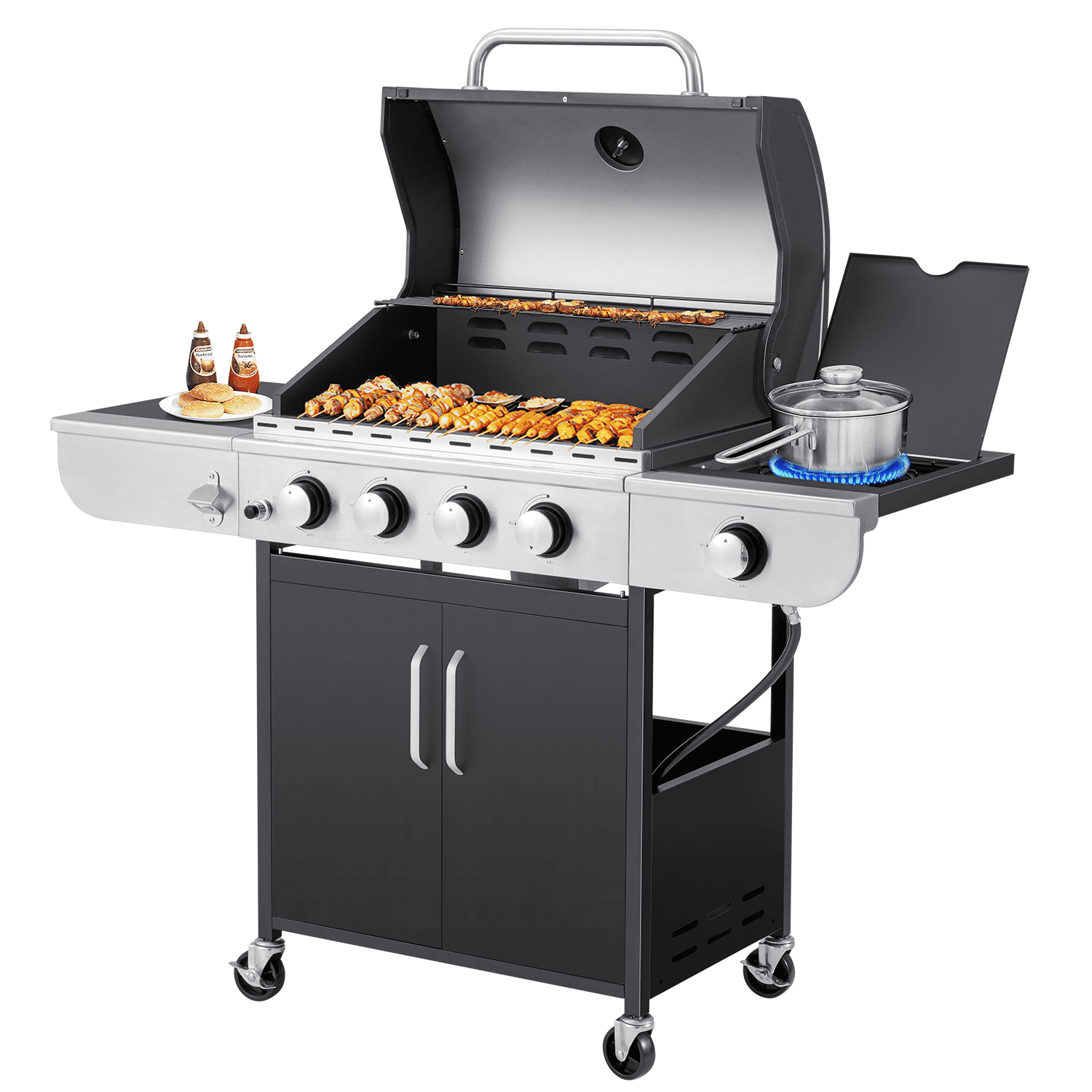 Hommow 4 Burner BBQ Propane Gas Grill,36000 BTU Stainless Steel with Stove and Side Table