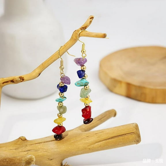 ERDOUY Personalized Natural Stone Earrings, Colorful Natural Stone Earrings Creative Irregular Earrings Wrapped with Seven Colors Handmade Earrings (Gold)