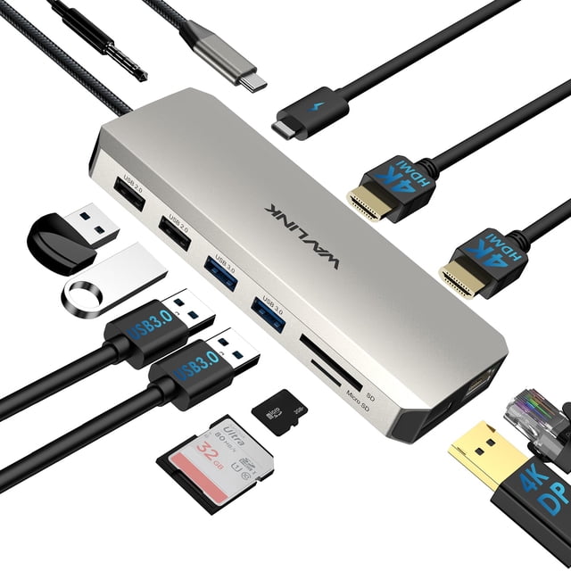 Estación de acoplamiento USB C WAVLINK 13 en 1, doble HDMI 4K, triple pantalla