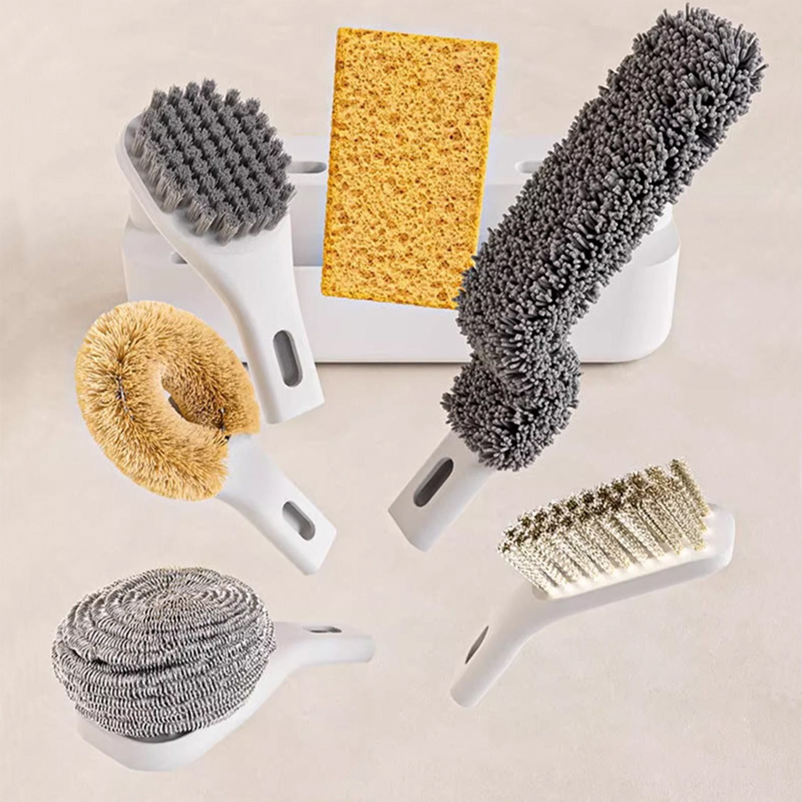 Dish Brush Set Of 6 With Holder, Kitchen Counter Cleaning Brush Set,Easy Storage,Kitchen Scrub Brushes With Non-Slip Long Handle For Cleaning, Scrubber, Dishwashing, Dishes, Bottles, Cups, Pots,White