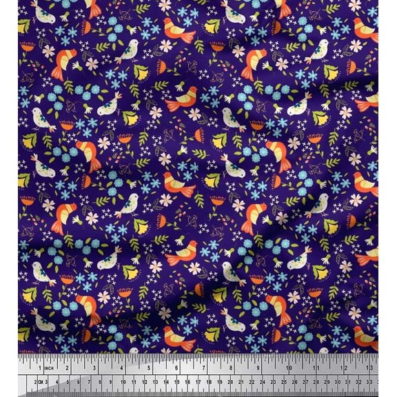 Soimoi Poly Georgette Fabric Leaves,Bird & Floral Clip Art Printed Fabric 1 Yard 42 Inch Wide