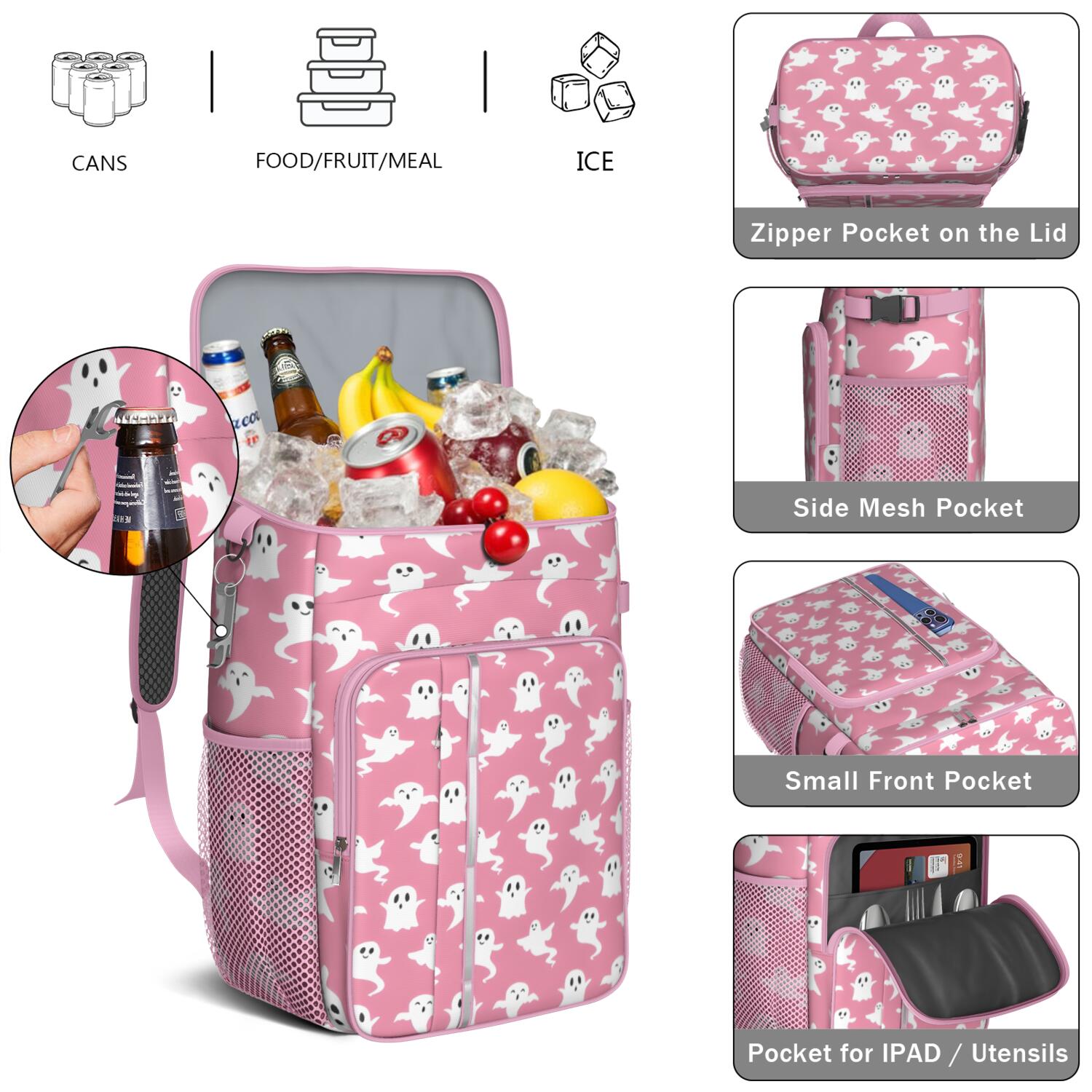 Travel Cooler Bag - Pink Halloween Ghosts Camping Beer Cooler Backpack with Bottle Opener- Waterproof Insulated Picnic Backpacks - Cooler Bag for Beach