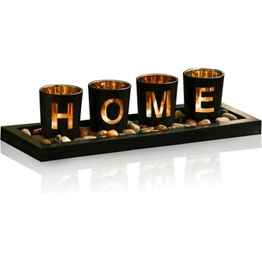 NICKSUN Home Decorative Candle Holder Set, 4 Glass Tea Light Candleholders with Wooden Candle Holders Tray, Natural Pebbles for Home Decor Table Decorations Centerpiece