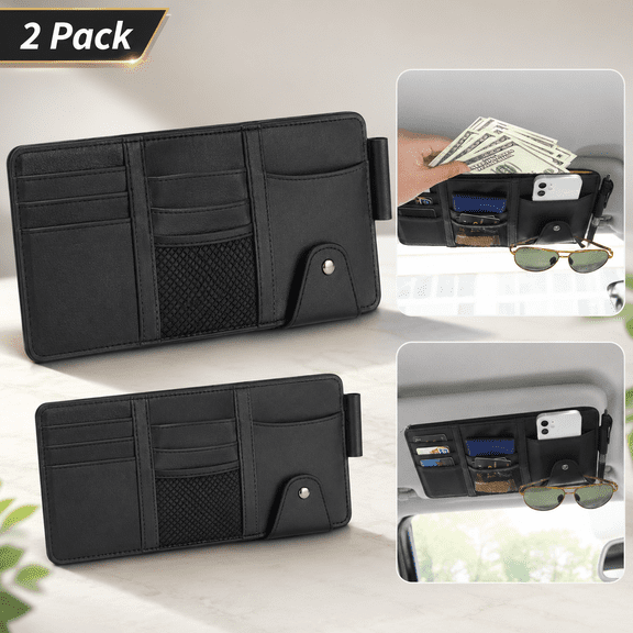 USTOP 2 Pack Car Sun Visor Organizer, Universal Visor Storage Holder with 6 Pockets for Glasses, Phone, Maps, Tolls, Sunglasses, for Men & Women, Car Accessories