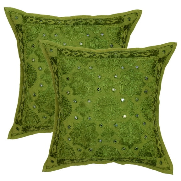 Stylo Culture Indian Decorative Throw Pillow Covers 16x16 Hand Embroidered Parrot Green Bohemian 40cm x 40cm Home Decor Cotton Mirrored Square Cushion Covers | Set Of 2