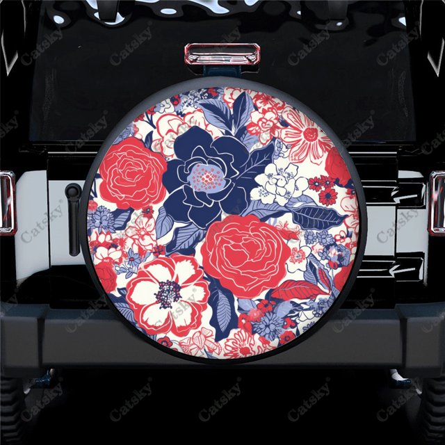 Blooming Peonies With Leaves Pattern Polyester Universal Spare Wheel Tire Cover Wheel Covers for Trailer RV SUV Truck Camper