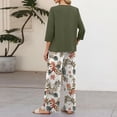 thumbnail image 7 of Bold Monochrome Floral Print Two Piece Set for Women, 3/4 Sleeve Button Down Top & Wide Leg Pants - Casual Lounge Outfit with Geometric Hem Trousers Army Green L, 7 of 7
