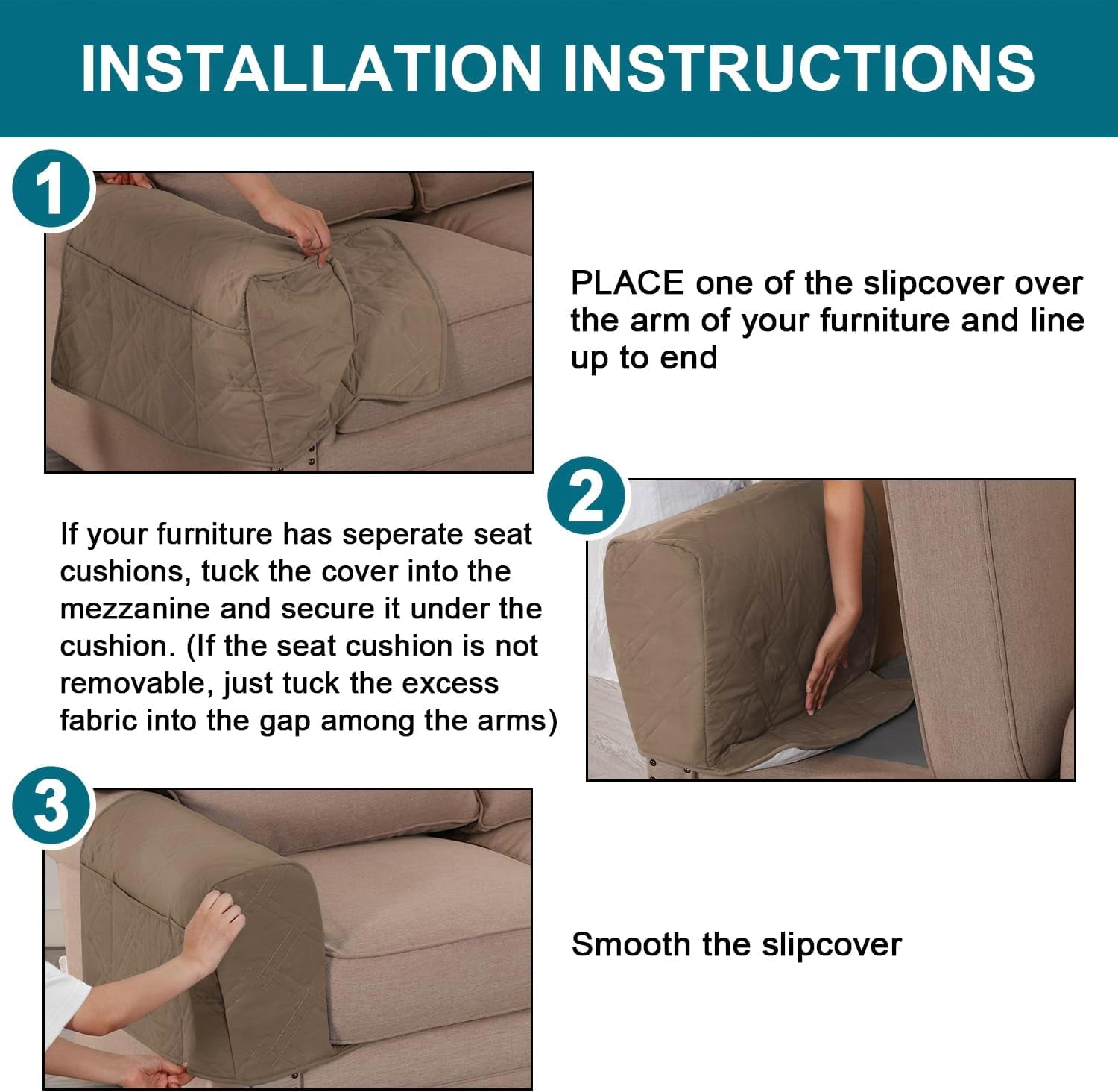2 Pack Waterproof Armrest Covers for Chairs and Sofas Armrest Covers Couch Arm Covers for Sofa with Side Pocket Anti-Slip Furniture Protector Washable Armrest Slipcovers(Taupe)