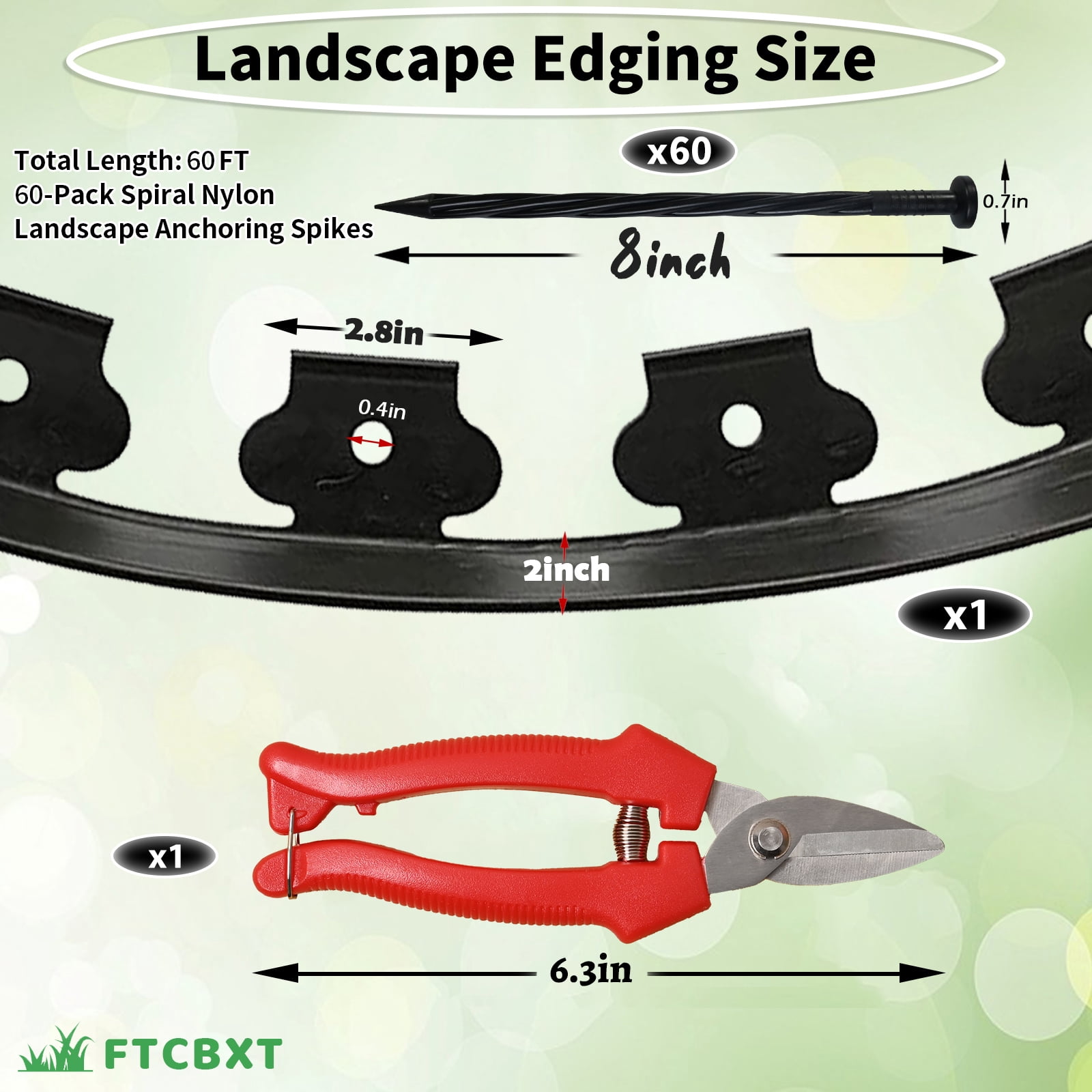 FTCBXT Landscape Edging Border 2 Inch Tall with 60-Pack Spiral Nylon Anchoring Spikes and 1 Scissor,Plastic Garden Edging Border for DIY Garden,Lawn Edging,Yard (60 FT)