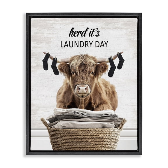 Stupell Industries Laundry Cattle with Hanging Socks Quotes and Sayings Painting Black Floater Framed Canvas Art Print Wall Art, 17 x 21