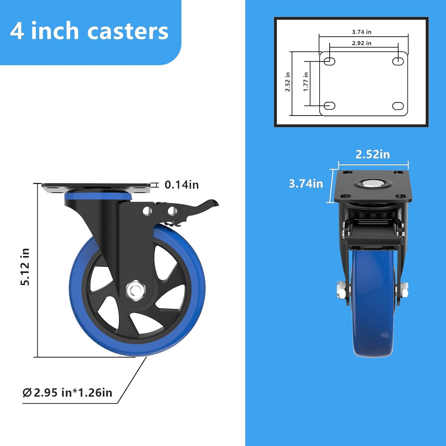 4'' Caster Wheels with Brake, Heavy Duty Casters Set of 4, Swivel Top Plate Casters with Double Ball Bearings, Industrial Locking Castor Wheels for Furniture, Workbench, Cabinet