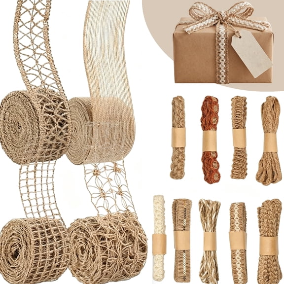Eleonora Burlap Ribbon Wired Lace Natural Jute Decorative 13 Rolls 0.25-1.77 Inch x 28.43 Yard
