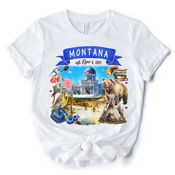 Artistic Montana State Themes and Landmarks T-Shirt, Tee for History and Travel Lovers