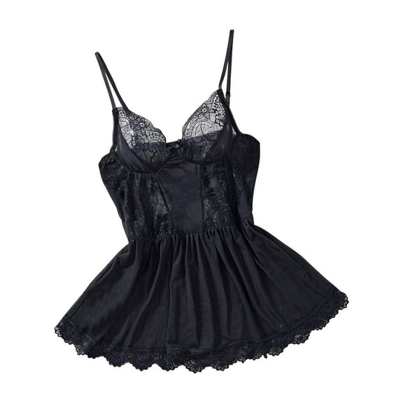 Fazvaoo Womens Nightgowns Chemises Short Nightgowns Lace Pajama(Black,Size S-XL)