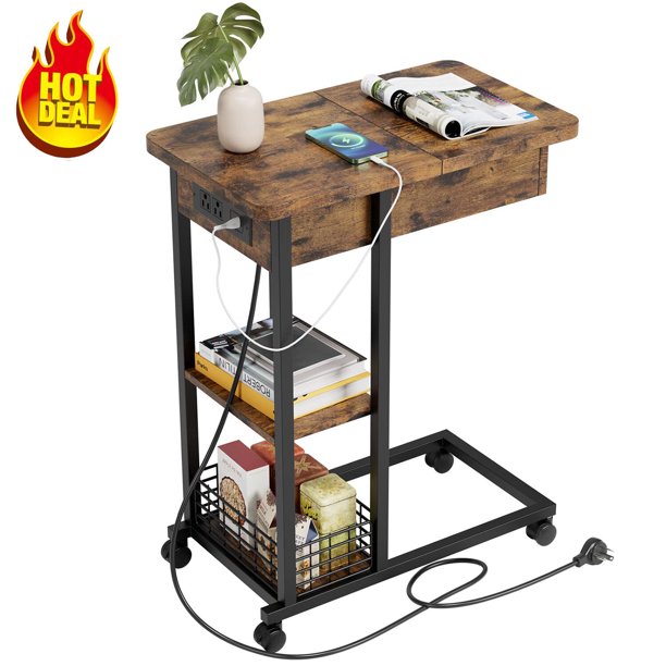 HOSSLLY C Shaped End Table with Charging Station,Nightstand Sofa Table
