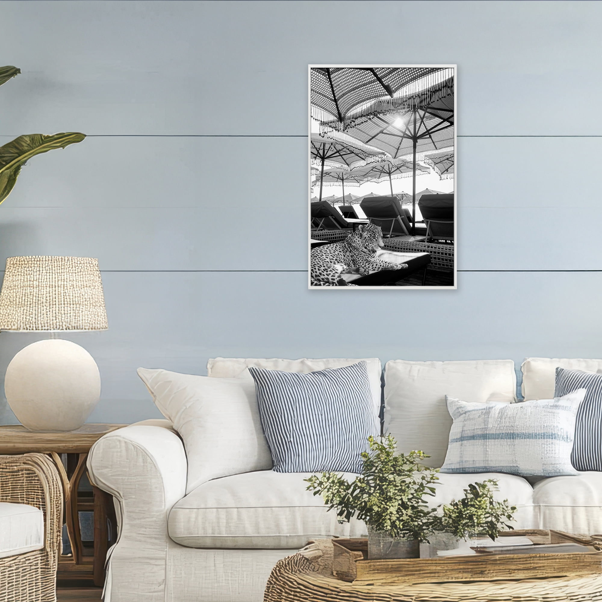 Stupell Industries Leopard On Tropical Vacation White Framed Giclee Art, design by Grotto Studios