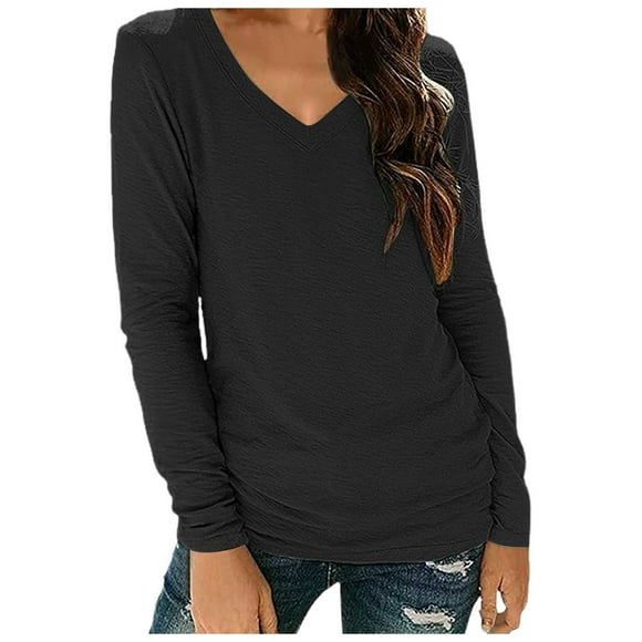 XDZJLR Long Sleeve T Shirt Women V Neck Solid Color Top T Shirt Black Xxxl