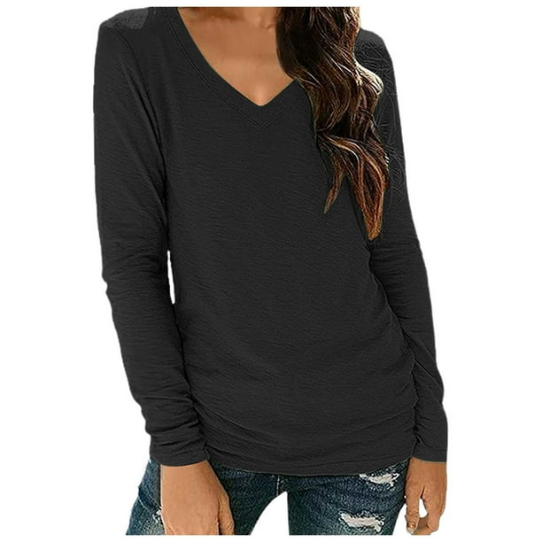 Camiseta de mujer con cuello en V y manga larga de color liso: diseño con tirantes y hombros al aire, mezcla de poliéster y spandex, fácil de combinar con leggings o vaqueros.