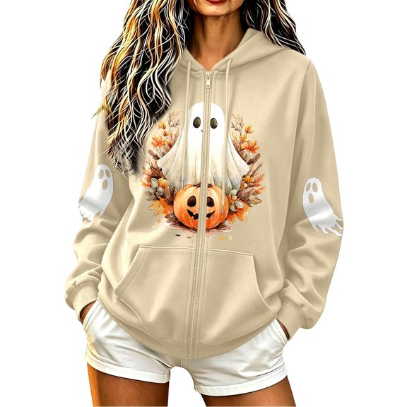 Bibifish Womens Halloween Zip Up Hoodies Graphic Fleece Hooded Sweatshirts Long Sleeve Pockets Fall Winter Hooded Sweatshirts