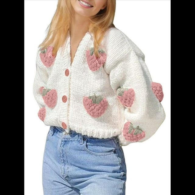 Cárdigan de Punto Grueso con Cuello en V y Larga con Bordado de Fresas Kawaii para Mujer Fresas Rosadas S
