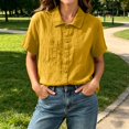thumbnail image 7 of Qulqfy Solid Womens Blouses Cotton Linen Casual Lapel Short Sleeve Spring Yellow Women's Summer Tops XXXL, 7 of 7