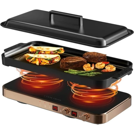 HJY Gold Induction Cooktop 2 Burner with Removable Iron Cast Griddle Pan Non-stick, 1800W Double Induction Cooktop with Child Safety Lock & Time, Great for Family Party