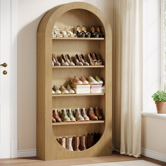 Finmind 70.9 inch Tall Shoe Rack, 5 Tiers Freestanding Farmhouse Wooden Shoes Storage Organizer for Living Room, Entryway, Hallway, Rustic Brown