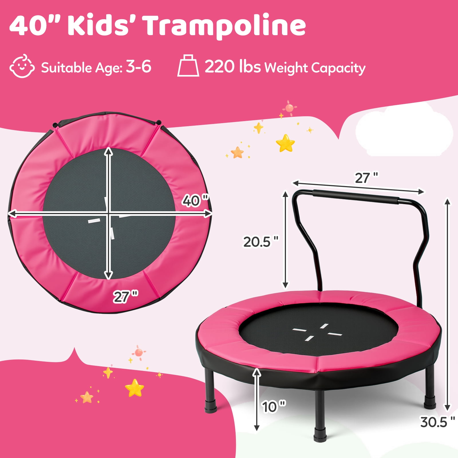 Gymax 40'' Trampoline for Kids Indoor/Outdoor Fitness Trampoline w/ Foam Handlebar Pink
