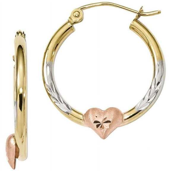 Golditta 10 Karat Rose and Yellow Gold with White Rhodium-plated Diamond-cut Heart Hoop Earrings
