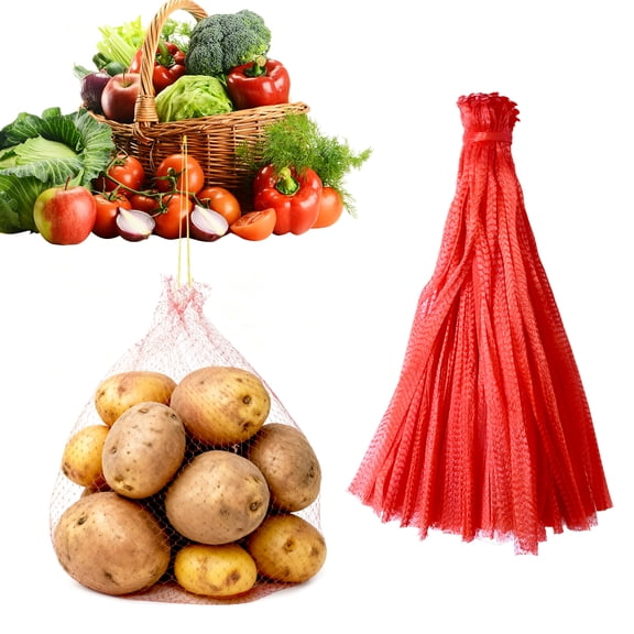 CUGBO 200Pcs 19 Inch Mesh Produce Bag Reusable Net Bag Nylon Fruits Vegetables Drawstring Storage Poly Bags With Rope (Red)
